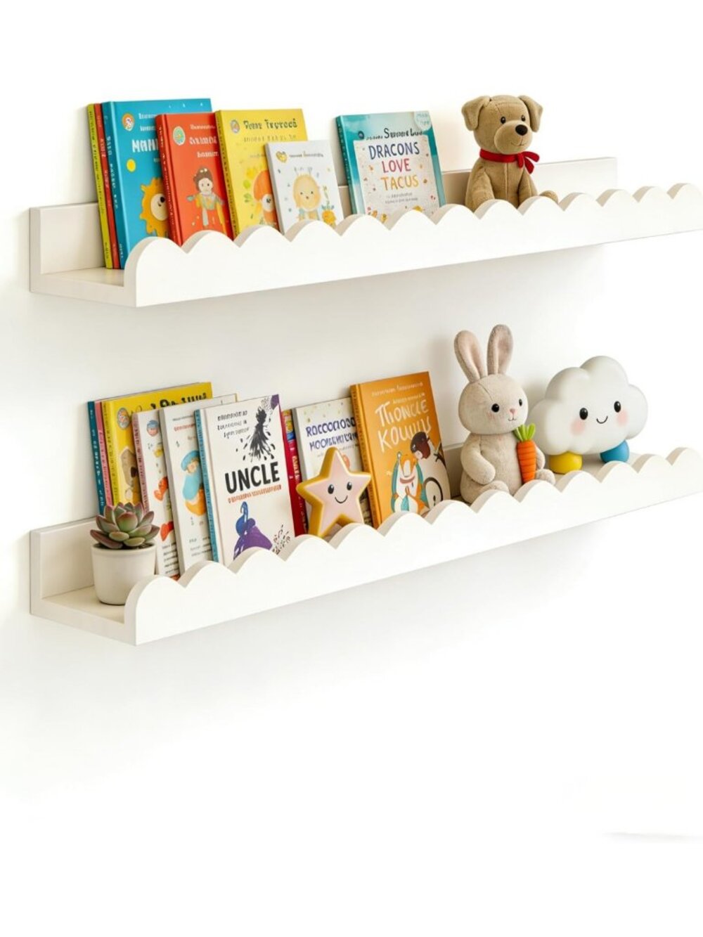 Scalloped Floating Book Shelves for Kids Room - Set of 2 White Nursery Wall